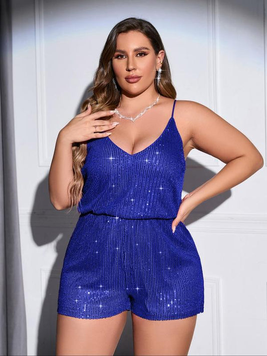 Plus Size Glitter Sequin Cami Wide Leg Romper, Summer Clothes Women, Elegant Spaghetti Strap Sleeveless Romper for Party Club Dating, Women'S Clothes for Summer